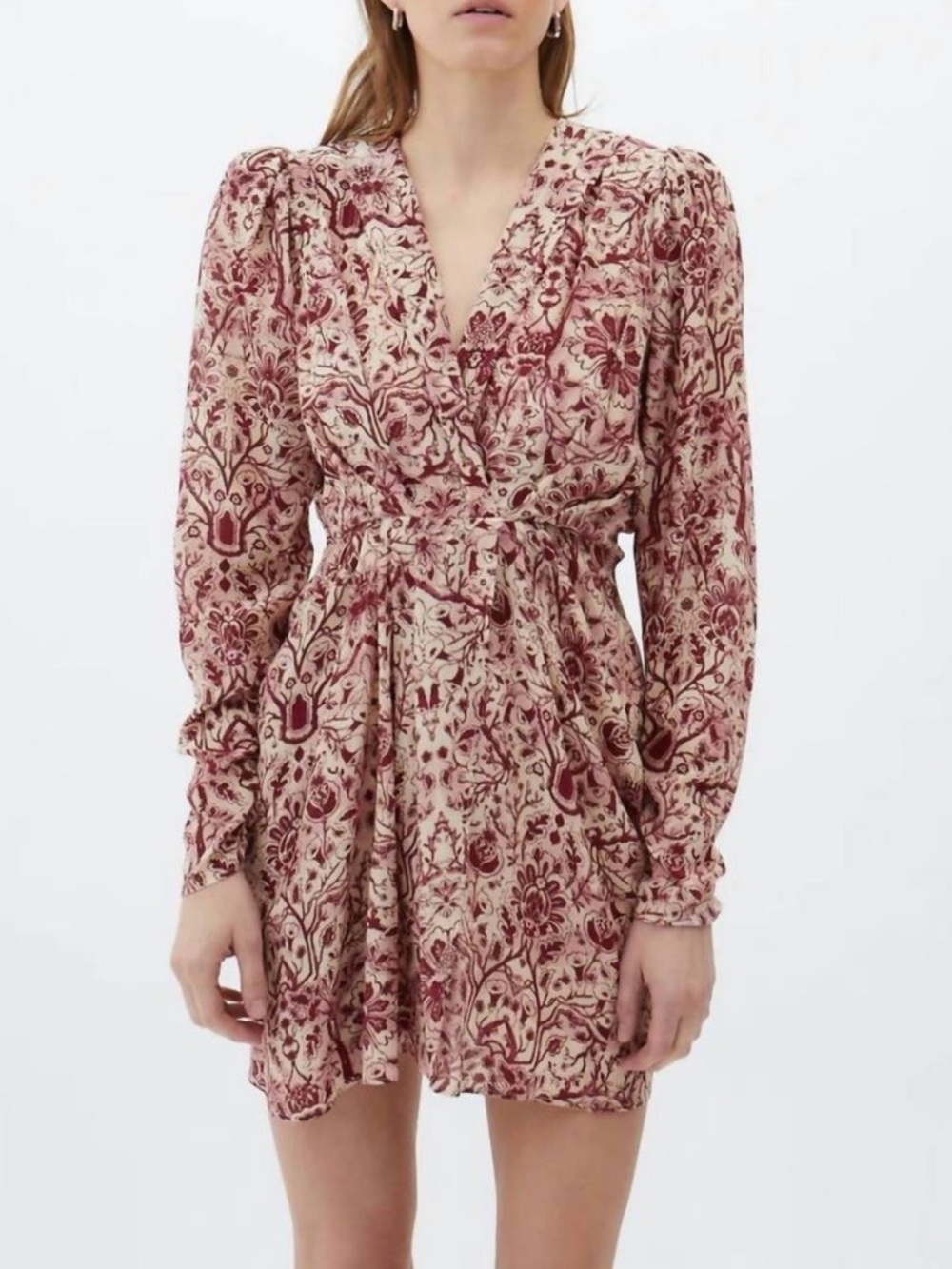 Maria Cher 100% Silk Rosario Jerez Dress Floral Mini Ruched Sleeves NWT Medium